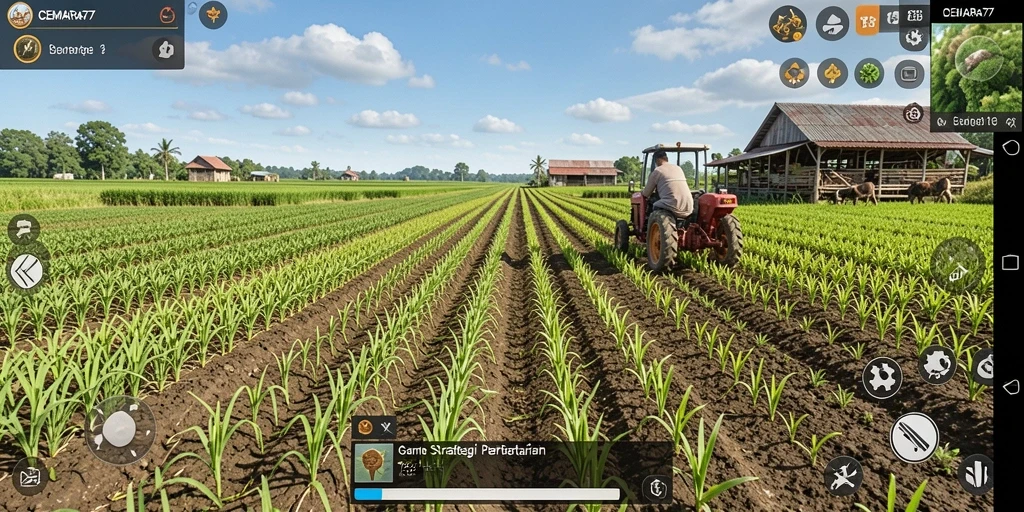 Tangkapan layar gameplay CEMARA77 menampilkan lahan pertanian yang subur dan interaksi pemain.