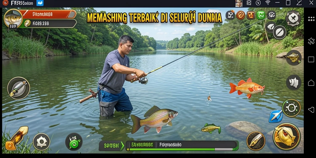 Tampilan gameplay menarik dalam FB168 dengan berbagai ikan dan lokasi.