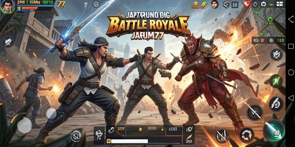 Screenshot utama JARUM77 menampilkan aksi pertarungan seru di arena Battle Royale.
