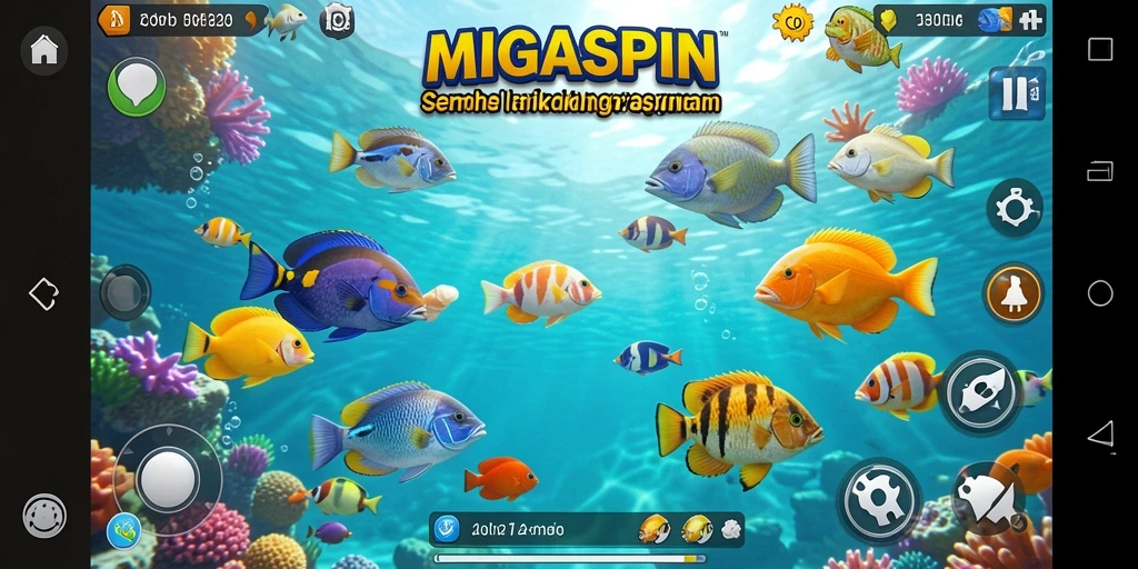 Tampilan gameplay seru MIGASPIN dengan banyak ikan dan senjata.