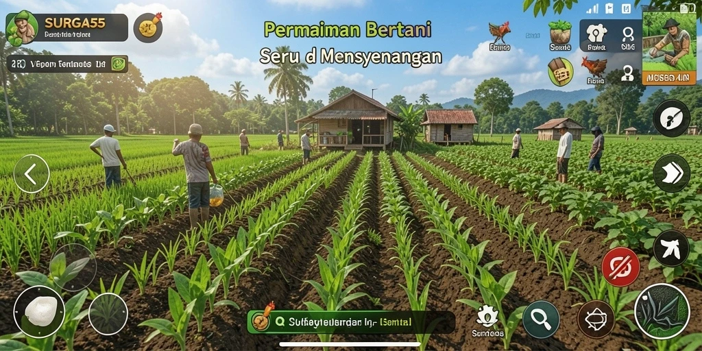 Screenshot gameplay SURGA55 menampilkan ladang yang subur dan aktivitas bertani.
