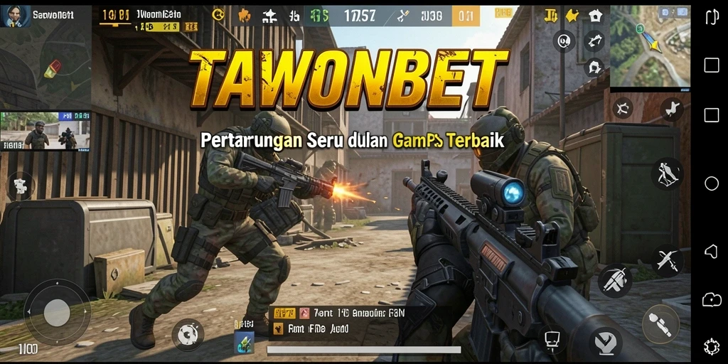 Screenshot utama TAWONBET menampilkan aksi tembak-tembakan seru di medan perang.