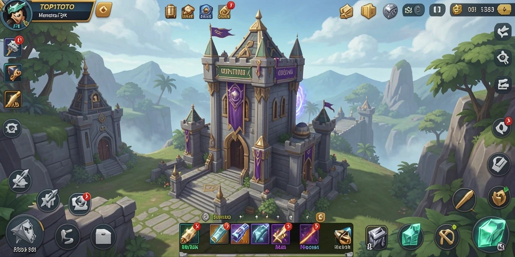 Tampilan gameplay <strong>TOP1TOTO</strong> yang menegangkan dengan menara strategis untuk mempertahankan wilayah.